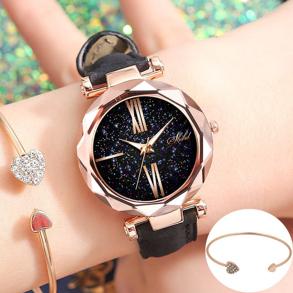 Conjunto de Relógio e Pulseira Feminino Céu Estrelado